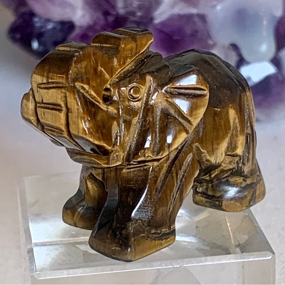 Tiger's Eye Carved Quartz Crystal Elephant Carving Reiki Healing Figurine FLASHY